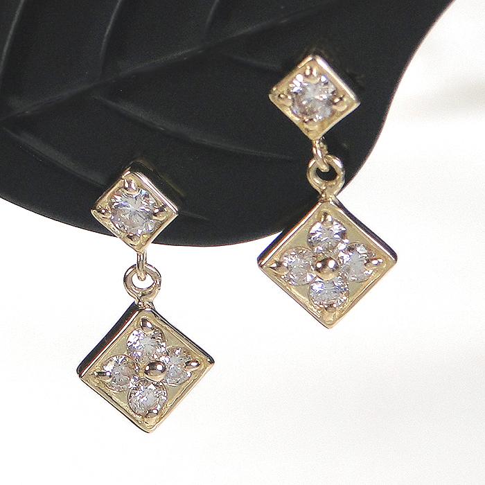K18YG 0.32ct スクエアデザイン ダイヤモンド ピアス 送料無料 