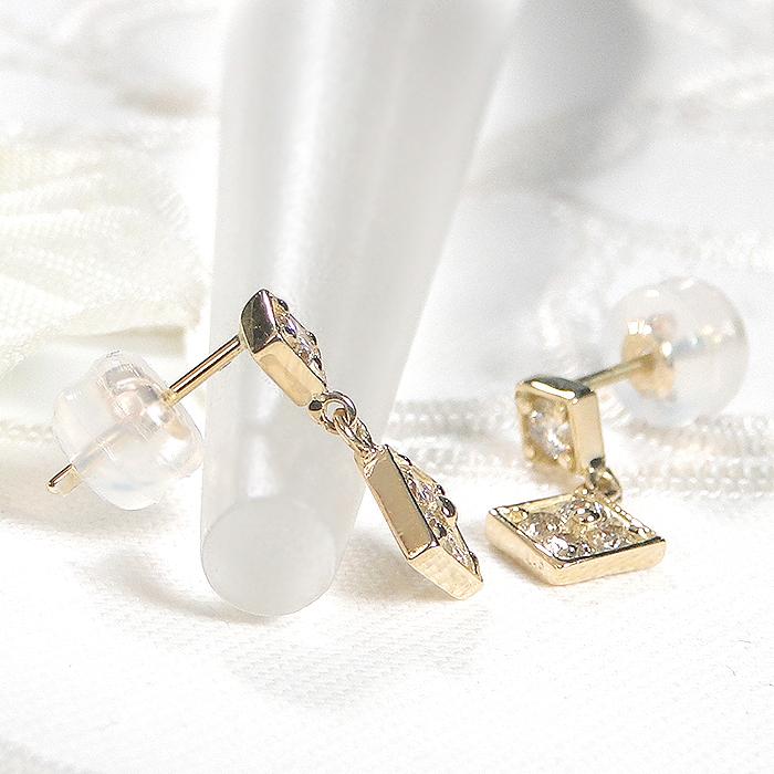 K18YG 0.32ct スクエアデザイン ダイヤモンド ピアス 送料無料 