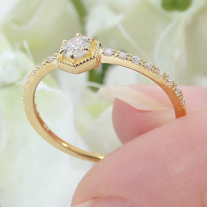 K18YG 0.22ct ヘキサゴン モチーフ ダイヤモンド リング 人気 