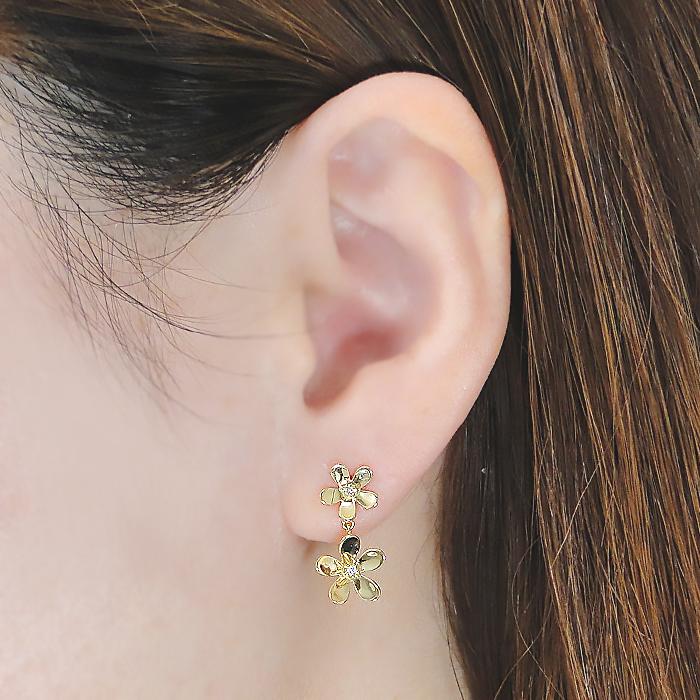 K18 YG PG 0.04ct フラワーモチーフ ダイヤモンド ピアス 送料無料 18K