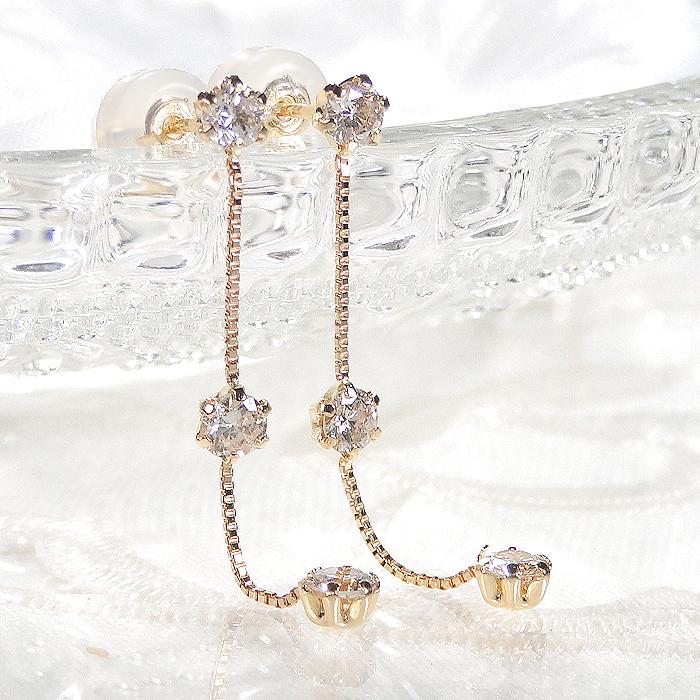 K18YG 0.6ct ダイヤモンド ピアス 送料無料 人気 ダイヤピアス K18 18金 チェーン 0.6ct イエローゴールド 縦長 縦長デザイン ダイヤ 人気 上品 揺れる AU-0447の画像