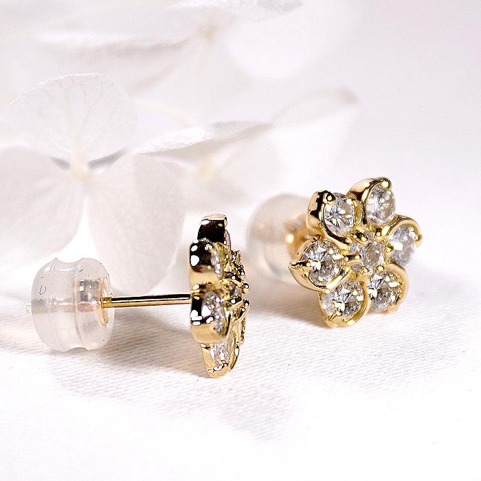 K18YG 1.0ct フラワーモチーフ ダイヤモンドピアス 送料無料 K18