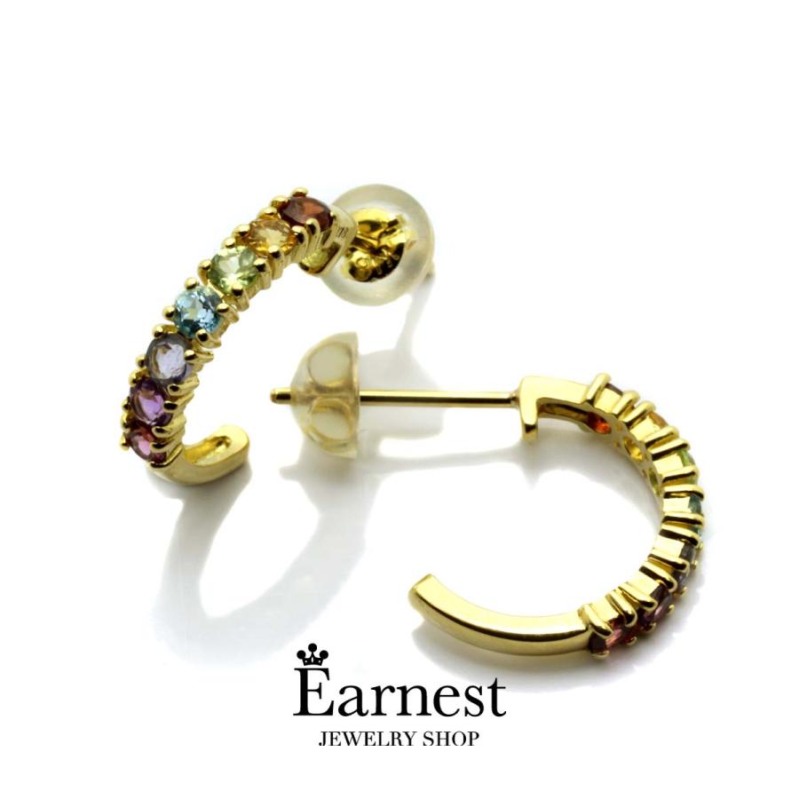 ピアス　７色カラーストーン　クリスマス　セール　フープピアス　18Ｋ　18金　イエローゴールド　レディース　プレゼント　カラフル　おしゃれ　誕生石　色石　 | 