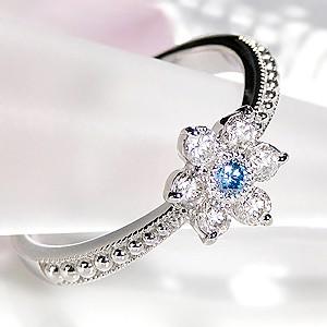 pt900 プラチナダイヤモンド ダイヤ 指輪 リング カラーストーン ブルーダイヤ フラワー 花 ブルー ミル打ち 一粒 FYR0113の画像