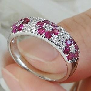 Pt900天然ルビーダイヤモンドパヴェフラワー指輪 ルビー 指輪 リング カラーストーン ダイヤモンド フラワー パヴェ