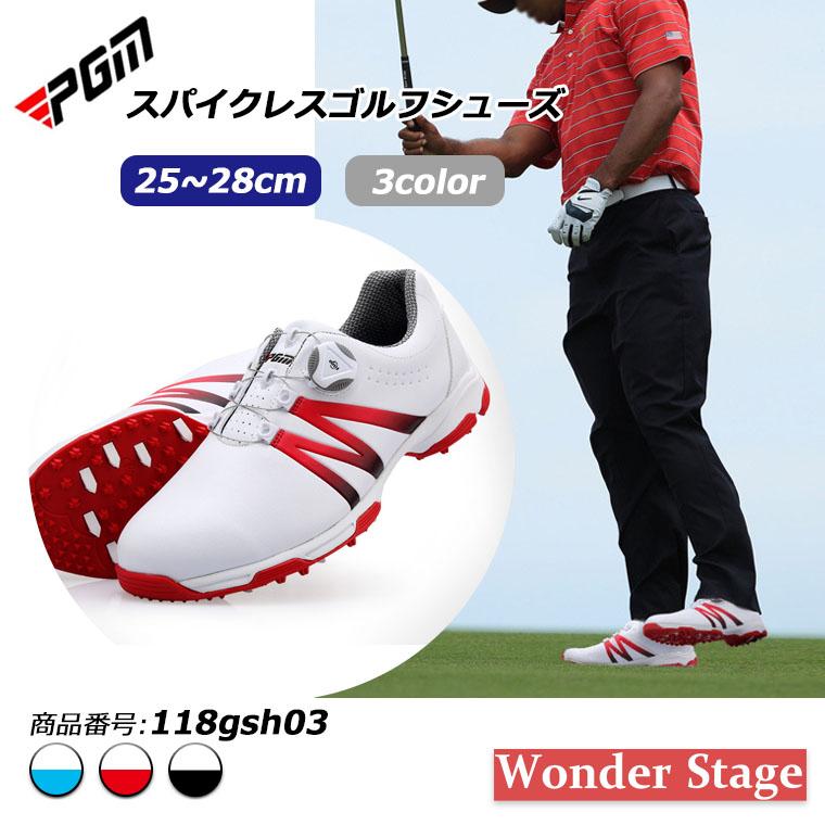 オーダーメイドゴルフシューズ ホワイト/レッド スパイク付き PGM ゴルフシューズ ダイヤル式 スパイクレス スニーカータイプ 歩き
