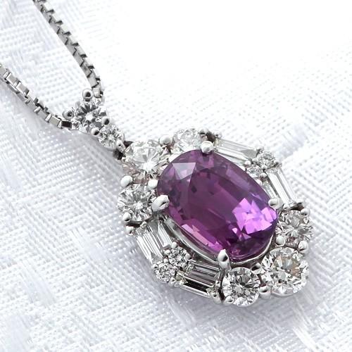 パープルサファイア ネックレス 非加熱 ダイヤモンド プラチナ 9月の