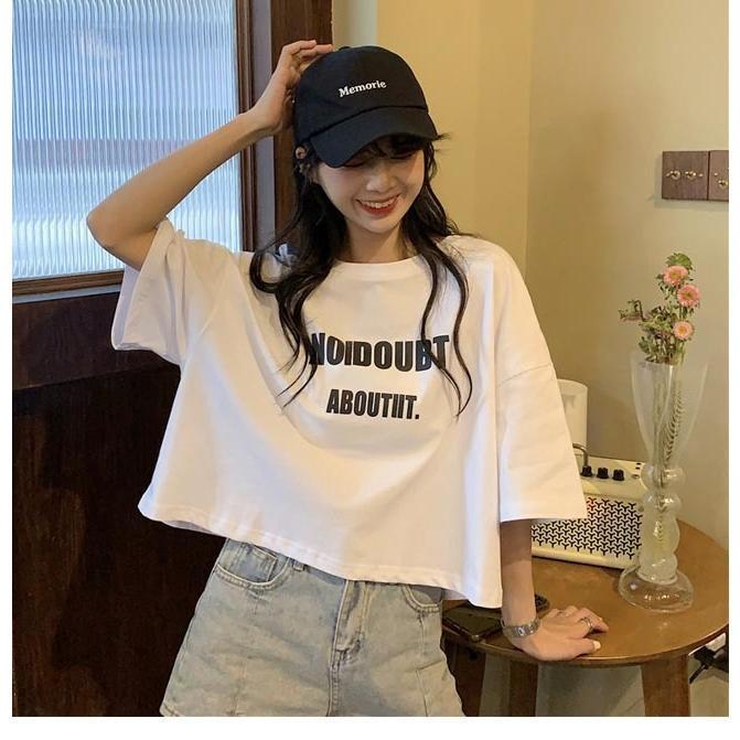 半袖 レディース Tシャツ ショート丈 短い 肌見せ 五分丈袖 ゆったり サマーTシャツ カットソー 夏 女性 クルーネック 夏Tシャツ 丸首｜j-k-store｜02