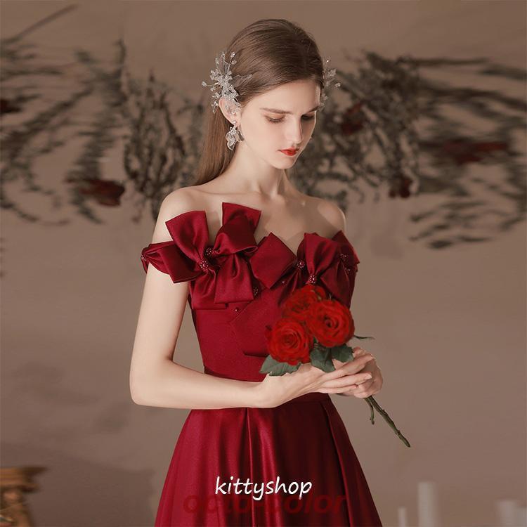 イブニングドレス ワイン赤 オフショルダー サテン ドレス 結婚式  