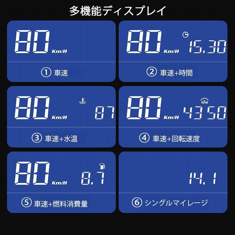 OBD2 HUD ヘッドアップディスプレイ 後付け 反射投影 メーター 多機能 タコメーター 水温計 OBDII サブメーター 警告機能｜j-k-store｜08