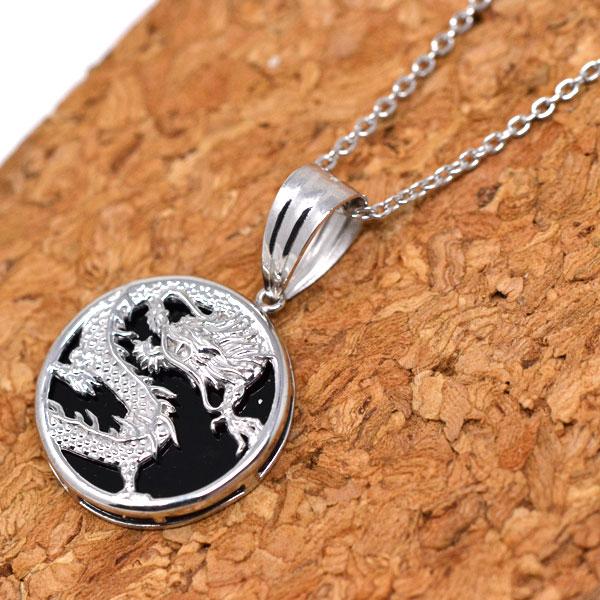 黒 ブラック オニキス ドラゴン 龍 竜 ペンダント ネックレス シルバー