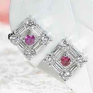 プラチナ ルビー ダイヤモンド ピアス Pt900 四角 カラーストーン