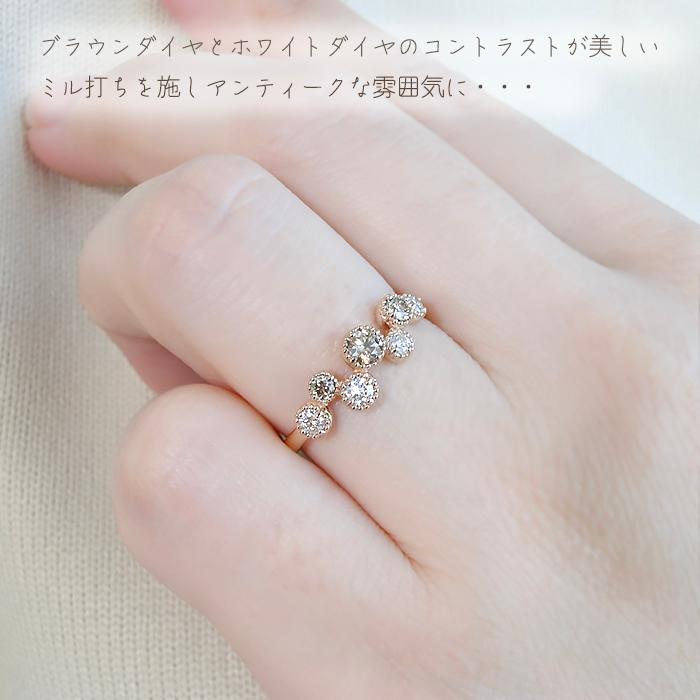 K18PG 0.39ct ブラウンダイヤ ダイヤモンド リング 送料無料 ピンク ゴールド 18金 K18 ブラウンダイヤ ミル打ち アンティーク 人気 ダイヤ ドット 372257の画像