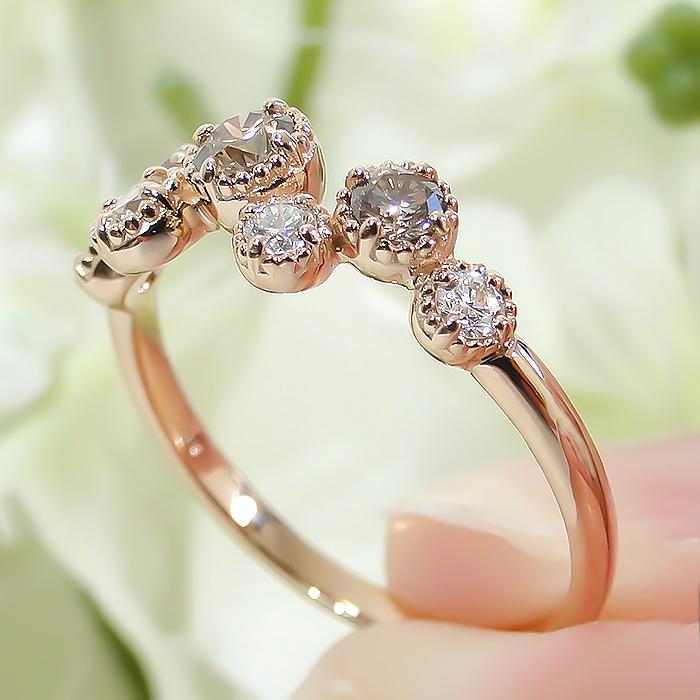 K18PG 0.39ct ブラウンダイヤ ダイヤモンド リング 送料無料 ピンク ゴールド 18金 K18 ブラウンダイヤ ミル打ち アンティーク 人気 ダイヤ ドット 372257の画像