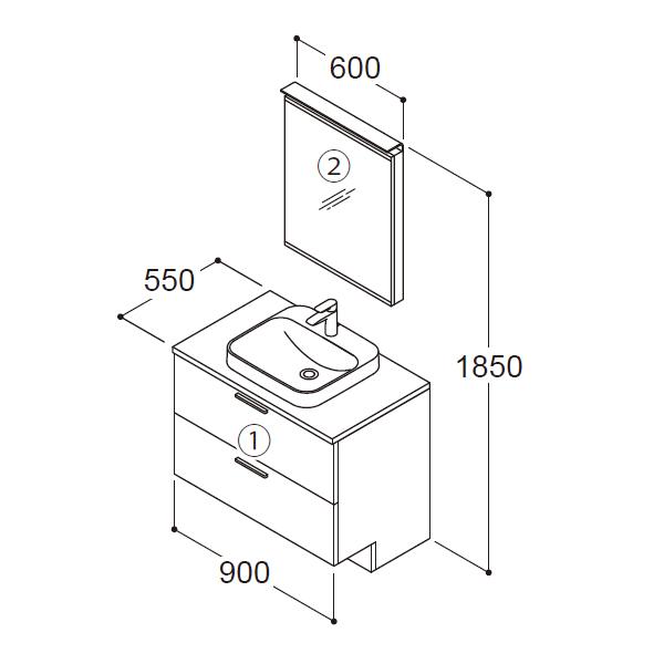 洗面化粧台　ドレーナ　間口900mm　二段引き出し　木製一面鏡600mmやわらかLED照明　陶器製ベッセル式ボウル　扉：パナシェホワイト　カウンター：ライトウッド