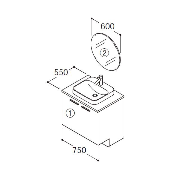 洗面化粧台　ドレーナ　間口750mm　丸形鏡径600mm　両開き　扉：ライトウッド　陶器製ベッセル式ボウル　カウンター：ライトウッド