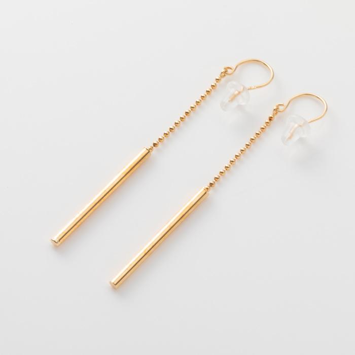 バー デザイン 揺れる ロング ピアス イヤリング K18 YG 18金 イエロー