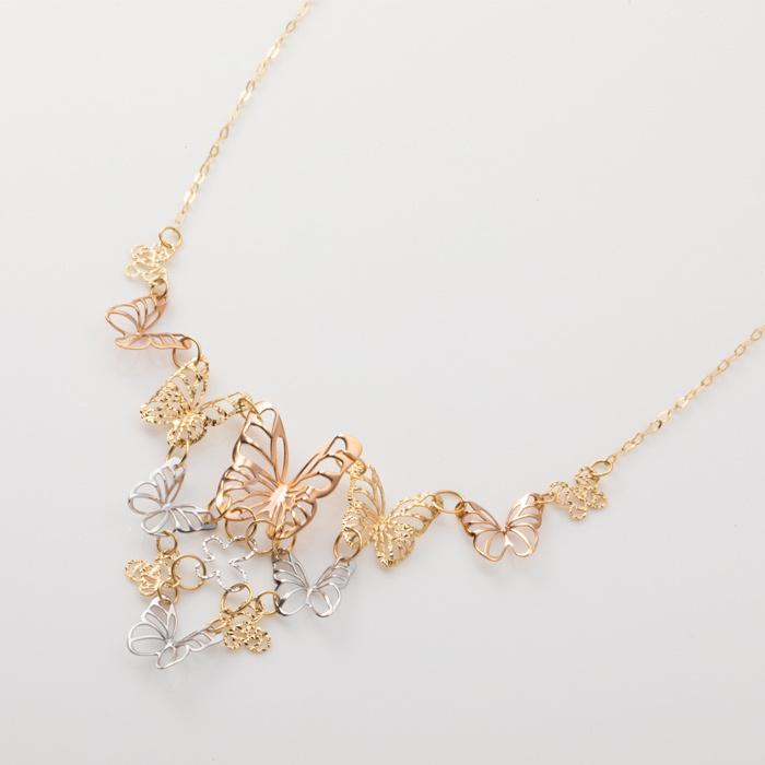 トリオカラー 大小 バラフライモチーフ ネックレス K18 YG WG PG 約50cm 重さ約2.6g K18ネックレス イエローゴールド ホワイトゴールド ピンクゴールド ネック