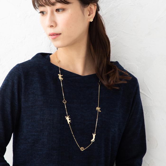 ねこモチーフ あずきチェーン ロング チェーン ネックレス K18 YG 約80cm 重さ約5g K18ネックレス 猫モチーフイエローゴールドネックレス 18金 ネックレス レの画像