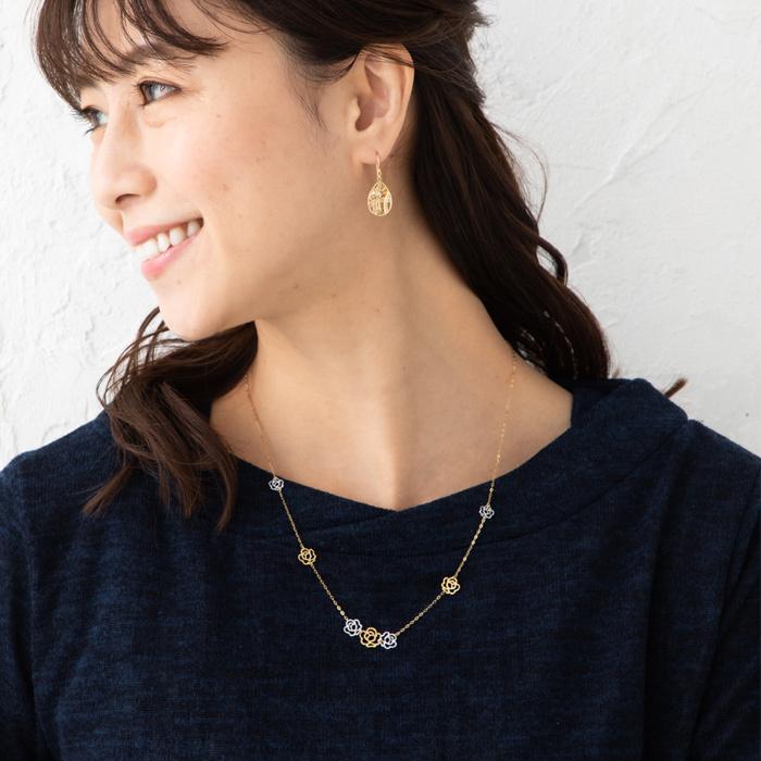 バラ モチーフ 7個 ネックレス チェーン スライドボールアジャスター付き K18 YG WG 約50cm チェーン 重さ約1.46g K18ネックレス イエローゴールド ホワイトゴーの画像