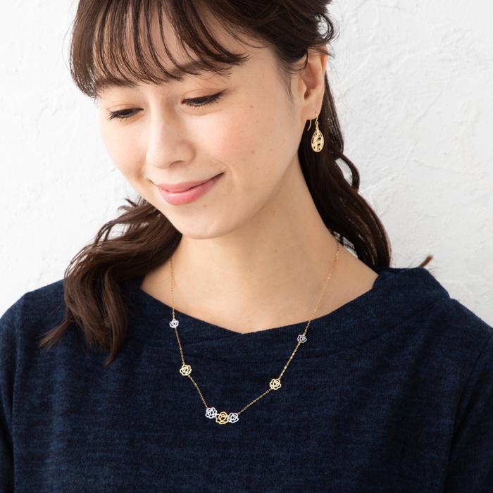 バラ モチーフ 7個 ネックレス チェーン スライドボールアジャスター付き K18 YG WG 約50cm チェーン 重さ約1.46g K18ネックレス イエローゴールド ホワイトゴーの画像