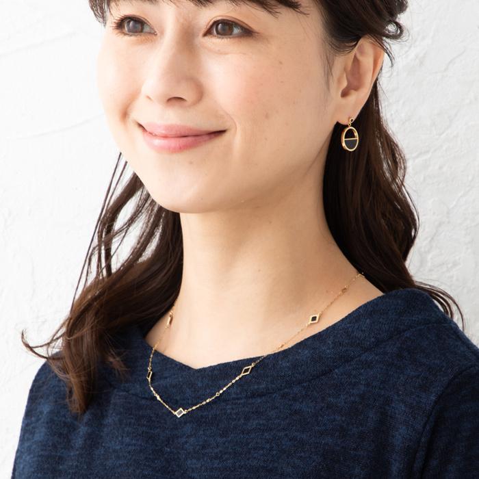 オニキス 菱形 モチーフ ネックレス チェーン スライドボールアジャスター付き K18 YG 約45cm チェーン 重さ約2.65g K18ネックレス イエローゴールド  ネックレの画像