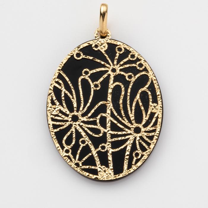 ペンダントトップ 楕円 フラワーモチーフ リバーシブル オニキス 18金  