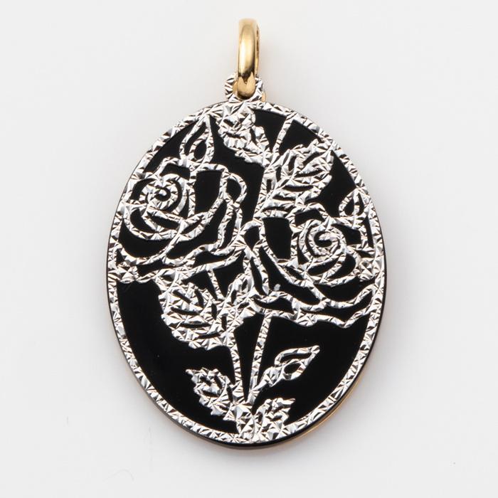 ペンダントトップ 楕円 フラワーモチーフ リバーシブル オニキス 18金  