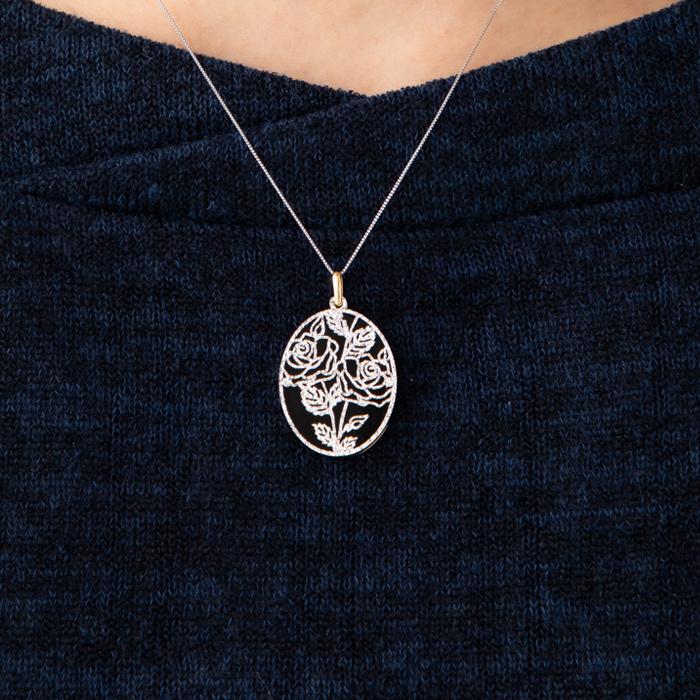 ペンダントトップ 楕円 フラワーモチーフ リバーシブル オニキス 18金  