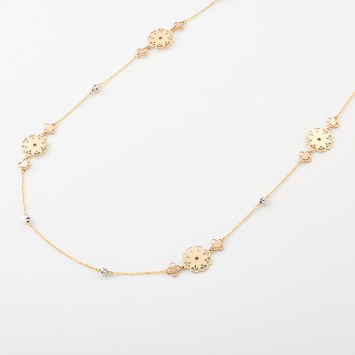 透かし フラワーモチーフ ロング ネックレス K18YG PG WG トリオカラー 