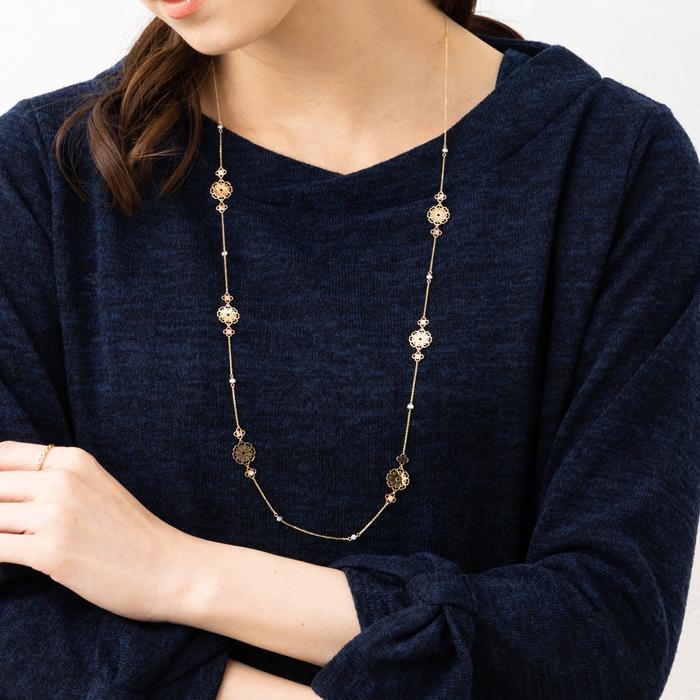 透かし フラワーモチーフ ロング ネックレス K18YG PG WG トリオカラー 