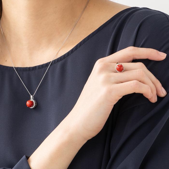 ☆土佐沖産 血赤サンゴ 8mm丸珠☆プラチナダイヤペンダント Pt900 Pt850 約45cm ネックレス ダイヤ 22石 計約0.25ct アカサンゴ ベネチアンチェーンの画像
