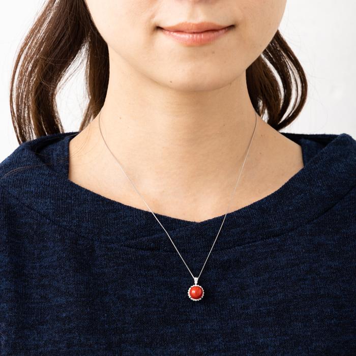 ☆土佐沖産 血赤サンゴ 8mm丸珠☆プラチナダイヤペンダント Pt900 Pt850 約45cm ネックレス ダイヤ 22石 計約0.25ct アカサンゴ ベネチアンチェーンの画像