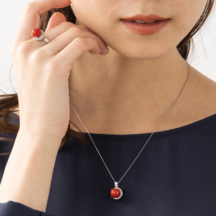☆土佐沖産 血赤サンゴ 8mm丸珠☆プラチナダイヤペンダント Pt900 Pt850 約45cm ネックレス ダイヤ 22石 計約0.25ct アカサンゴ ベネチアンチェーンの画像