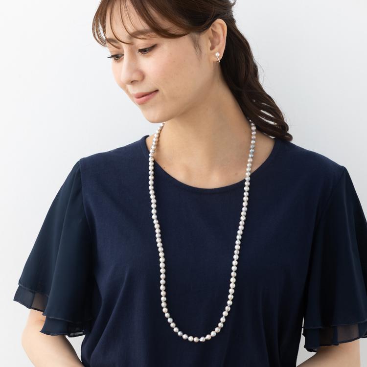 あこや真珠 約80cm 7mm珠 ナチュラルカラー ネックレス アコヤ 真珠 ナチュラル系 ロング ネックレス 8字フック 留め具 シルバー SV925 アコヤ パールの画像