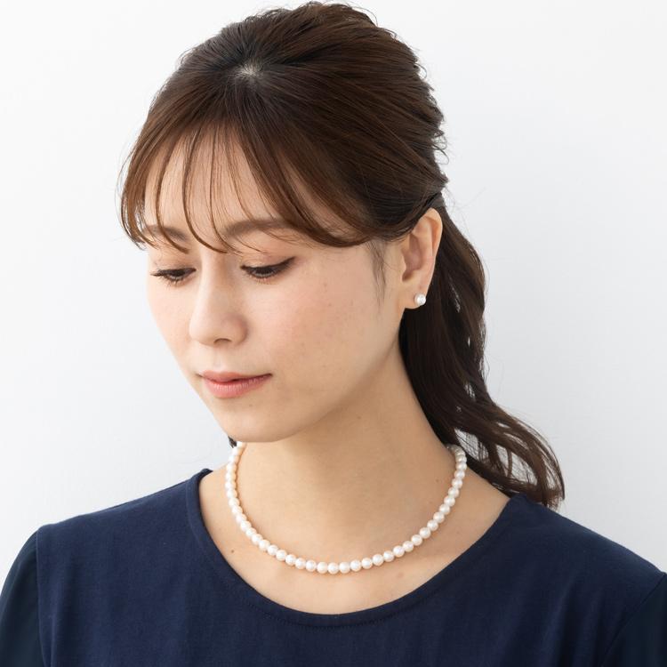 約40cm 6mm珠 ホワイトカラー あこや 真珠 ネックレス 5cmアジャスター付き ホワイト系 ネックレス アコヤ 真珠 最大約45cmの画像