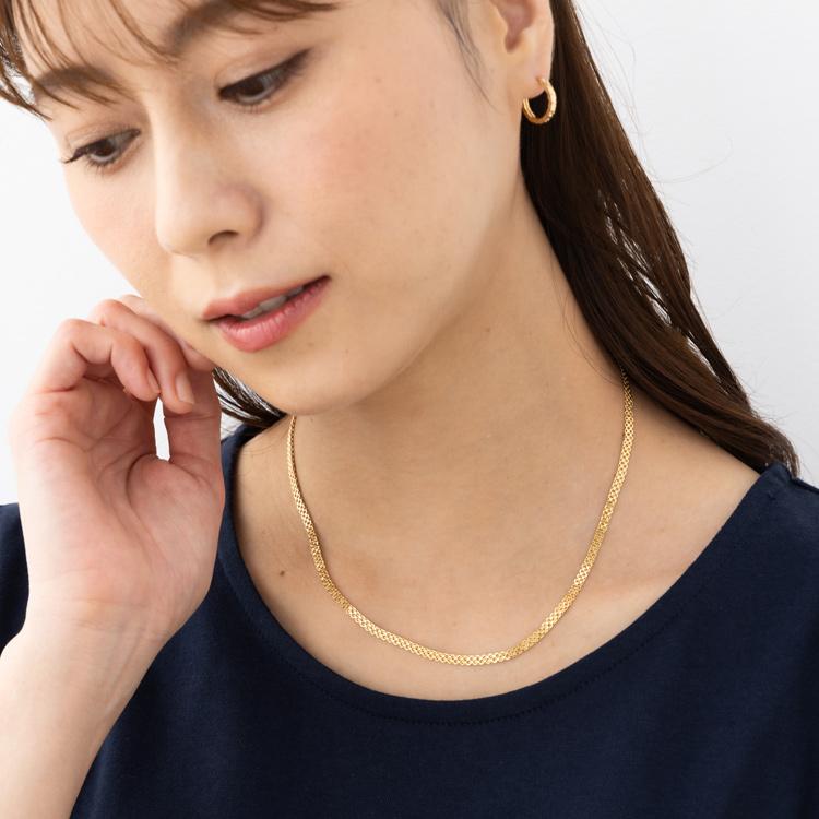 約43cm K18 YG 中空 小豆 ビスマルク チェーン ネックレス 18金 イエローゴールド 幅約3mm ビスマルク チェーン ネックレスの画像