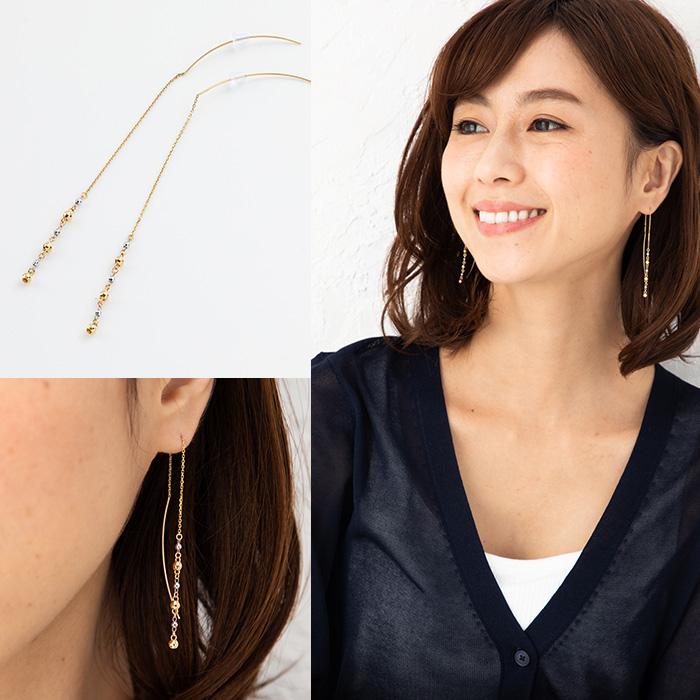 ミラーボールコンビカラーデザイン チェーンピアス 約1.0g(左右合計 
