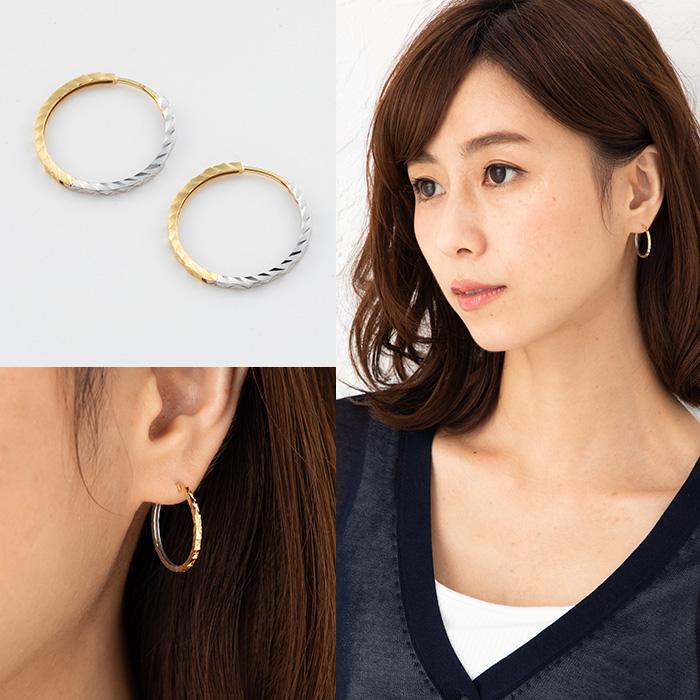 コンビカラー デザインリングピアス フープピアス K18/WG・PG/WG