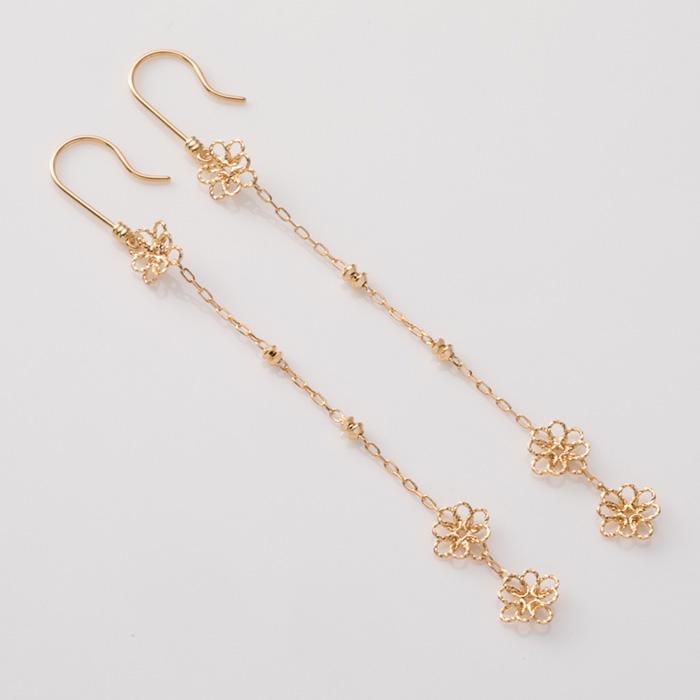 18金 フックピアス ゴールド チェーン ピアス 新品① フラワーチェーンピアス フックピアス 花モチーフ ゴールドピアス K18