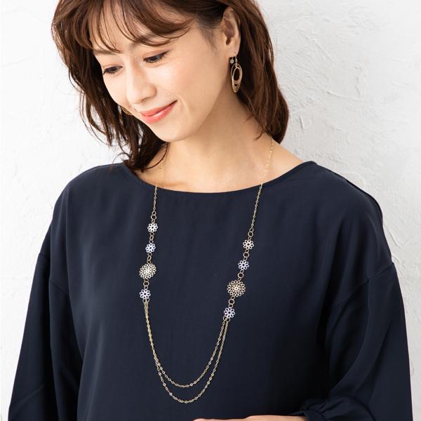 透かしフラワーデザインロングネックレス 約80cm 約4.2g K18ネックレス 18金 ネックレス レディース ゴールド ホワイトゴールド  K18ネックレス K18/WGの画像