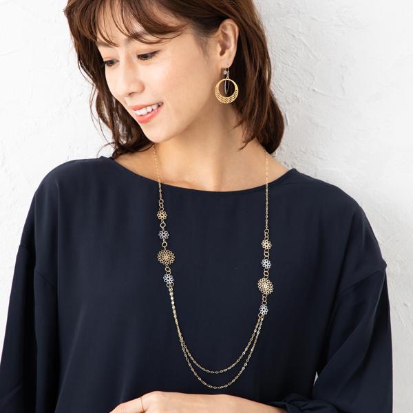 透かしフラワーデザインロングネックレス 約80cm 約4.2g K18ネックレス 18金 ネックレス レディース ゴールド ホワイトゴールド  K18ネックレス K18/WGの画像