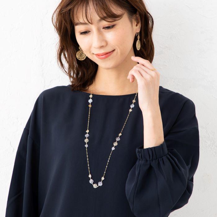 透かしローズデザインロングネックレス 約80cm  約3.2g  K18ネックレス 18金 ネックレス レディース ゴールド ホワイトゴールド K18ネックレス K18/WGの画像