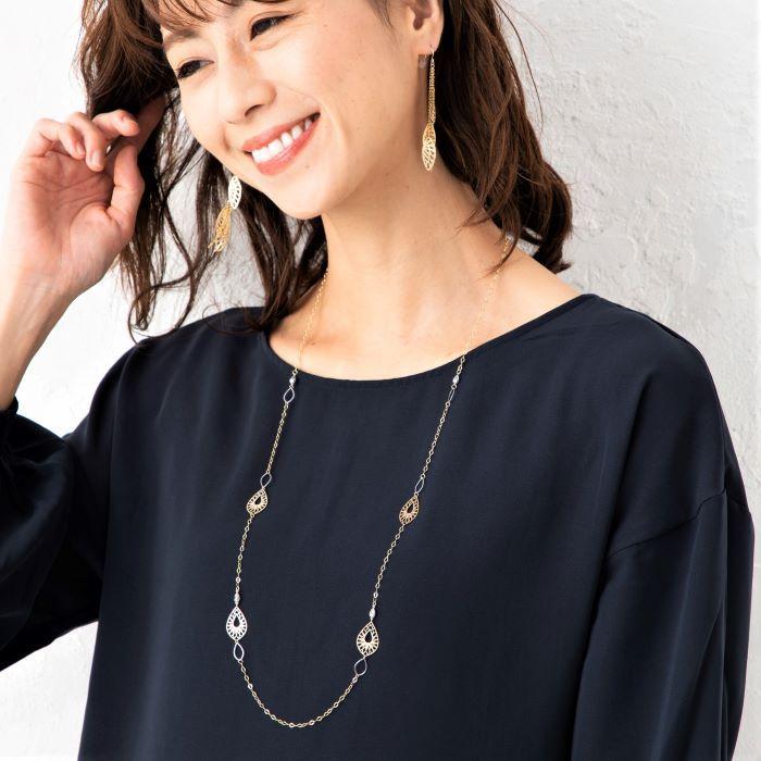K18YG/WG 透かしドロップデザインロングネックレス 長さ約80cm K18ネックレス 18金 ネックレス レディース ゴールド ホワイトゴールド k18ネックレス 重さ約3.8gの画像