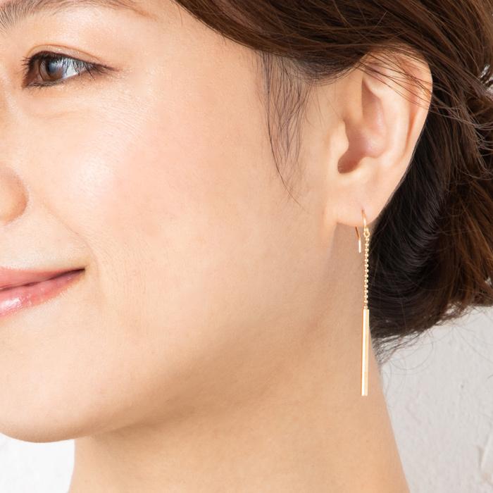 バー デザイン 揺れる ロング ピアス イヤリング K18 YG 18金 イエロー