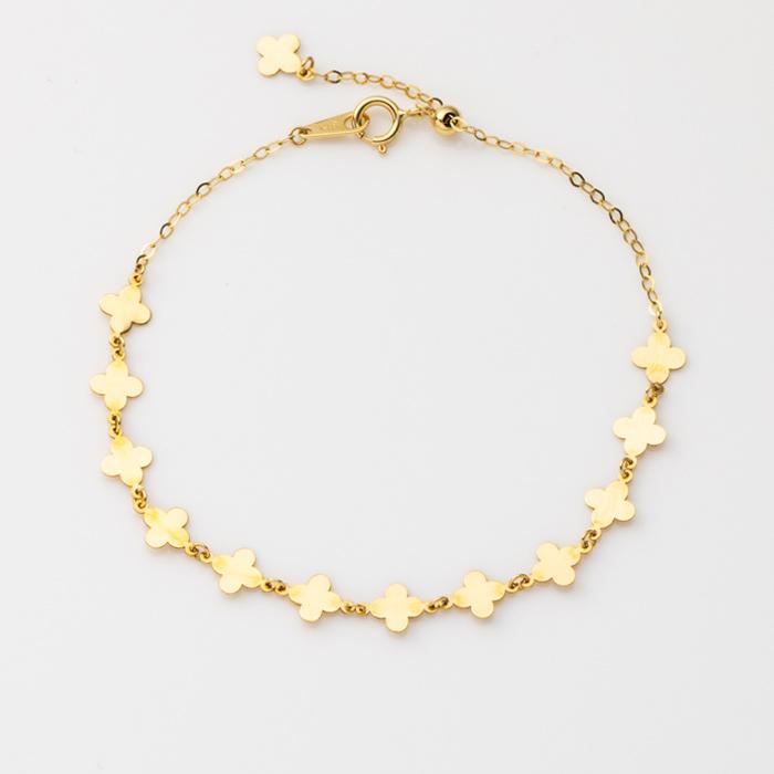 カット風  クローバー モチーフ K18 YG あずきチェーン ブレスレット 18金  イエローゴールド スライドアジャスター付き 腕輪