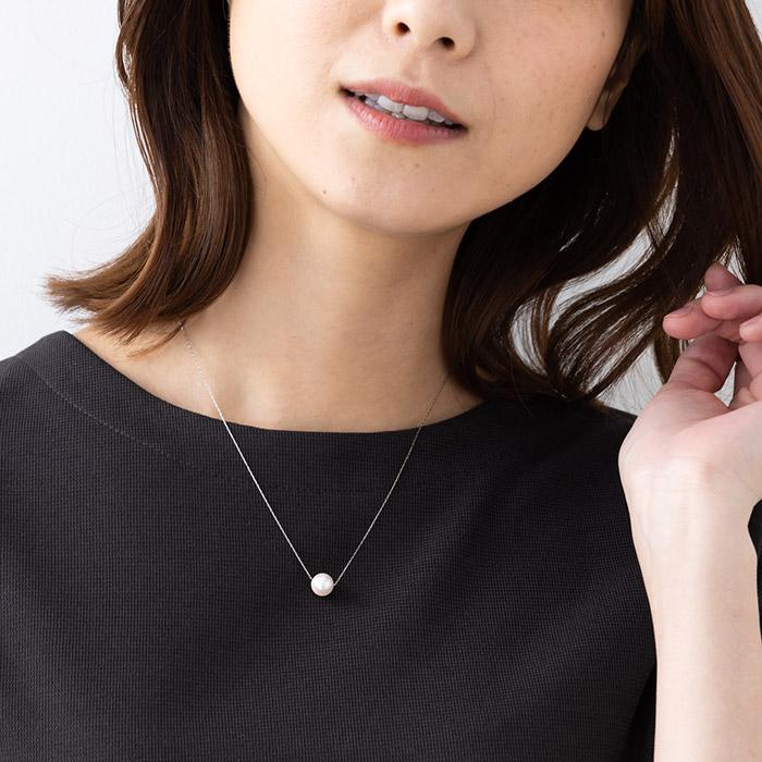 8.5mm ナチュラル アコヤ真珠 Pt900 ペンダント ネックレス スルーペンダント 8.5mm珠 あこや養殖真珠 ナチュラル系 ラウンド珠 プラチナ900 アズキチェーン 45