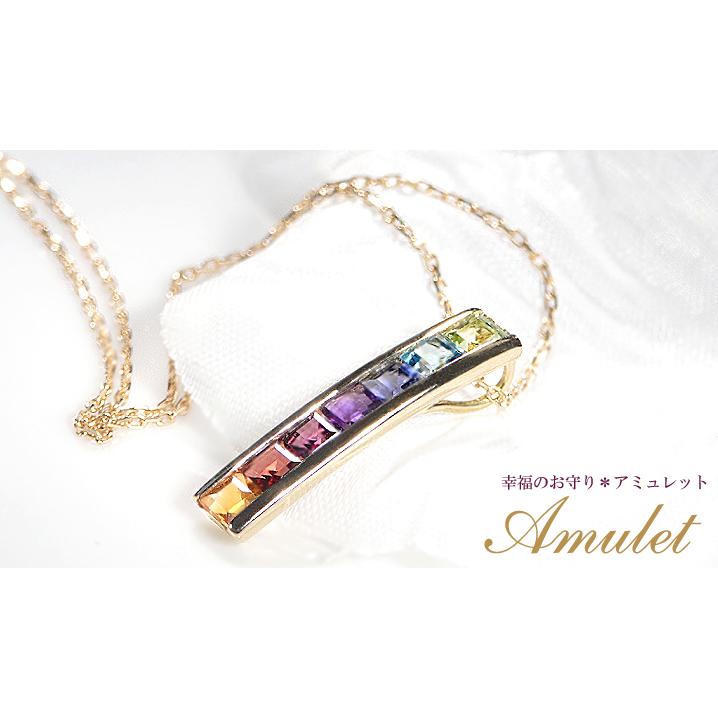 K18YG アミュレット ネックレス スクエア イエローゴールド ゴールド 18金 18k k18 お守り 7色 セブンカラー 厄除け 開運 幸運 天然石 レディース 四角の画像
