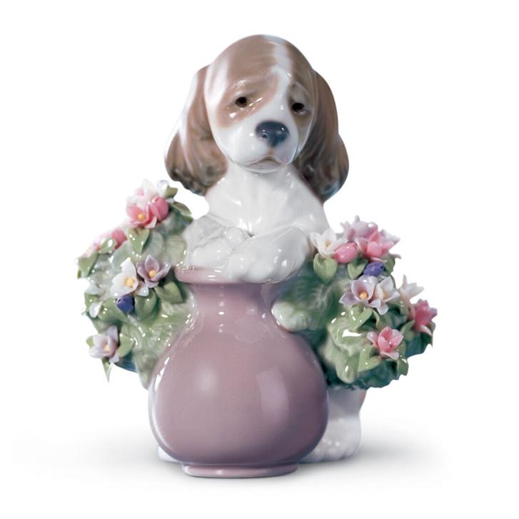 お花が大好き LLADRO リヤドロ 仔犬 キャバリア フィギュリン 置物