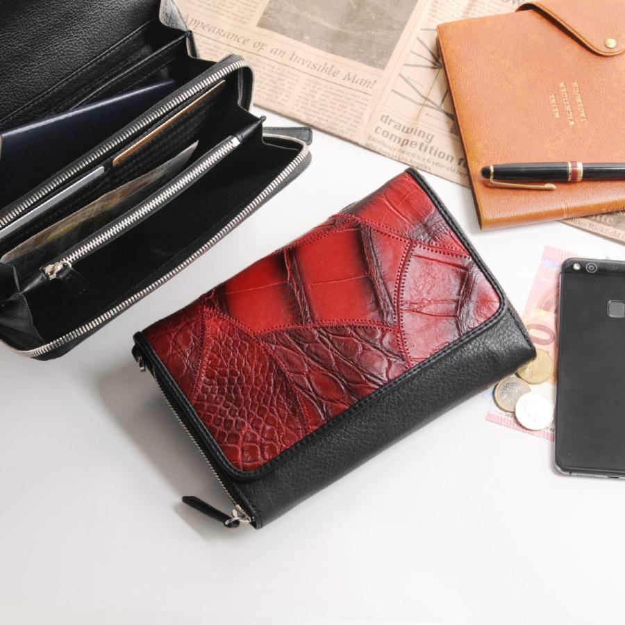 お財布 ポシェット 2WAY クロコダイル ステッチワーク バッグ ショルダー 牛革 レディース レッド/ネイビー/ブラウン/ブラック/グレー sankyo shokai（三京商会） お財布 ポシェット 2WAY クロコダイル